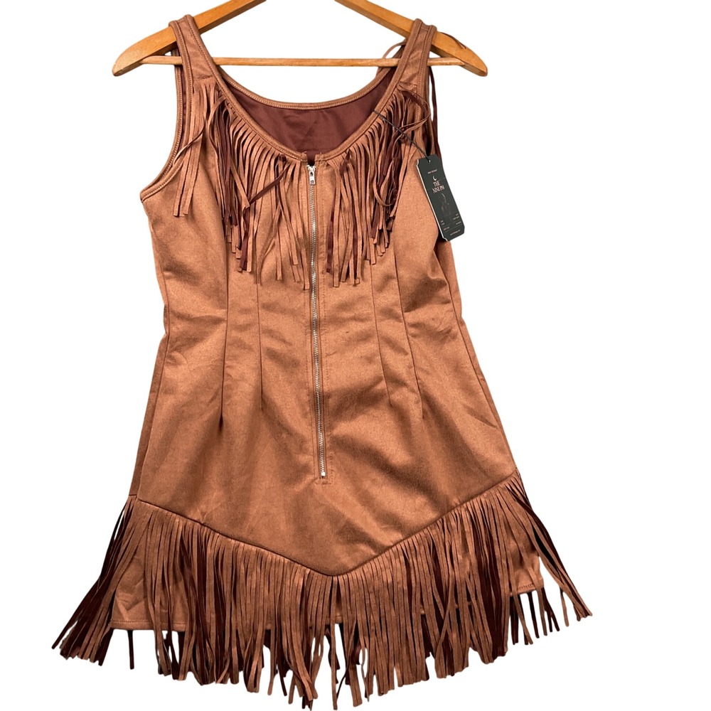 NEW The Nine PM Fringe Mini Dress Women Size M Brown Faux Suede Zipper Sleeveles
